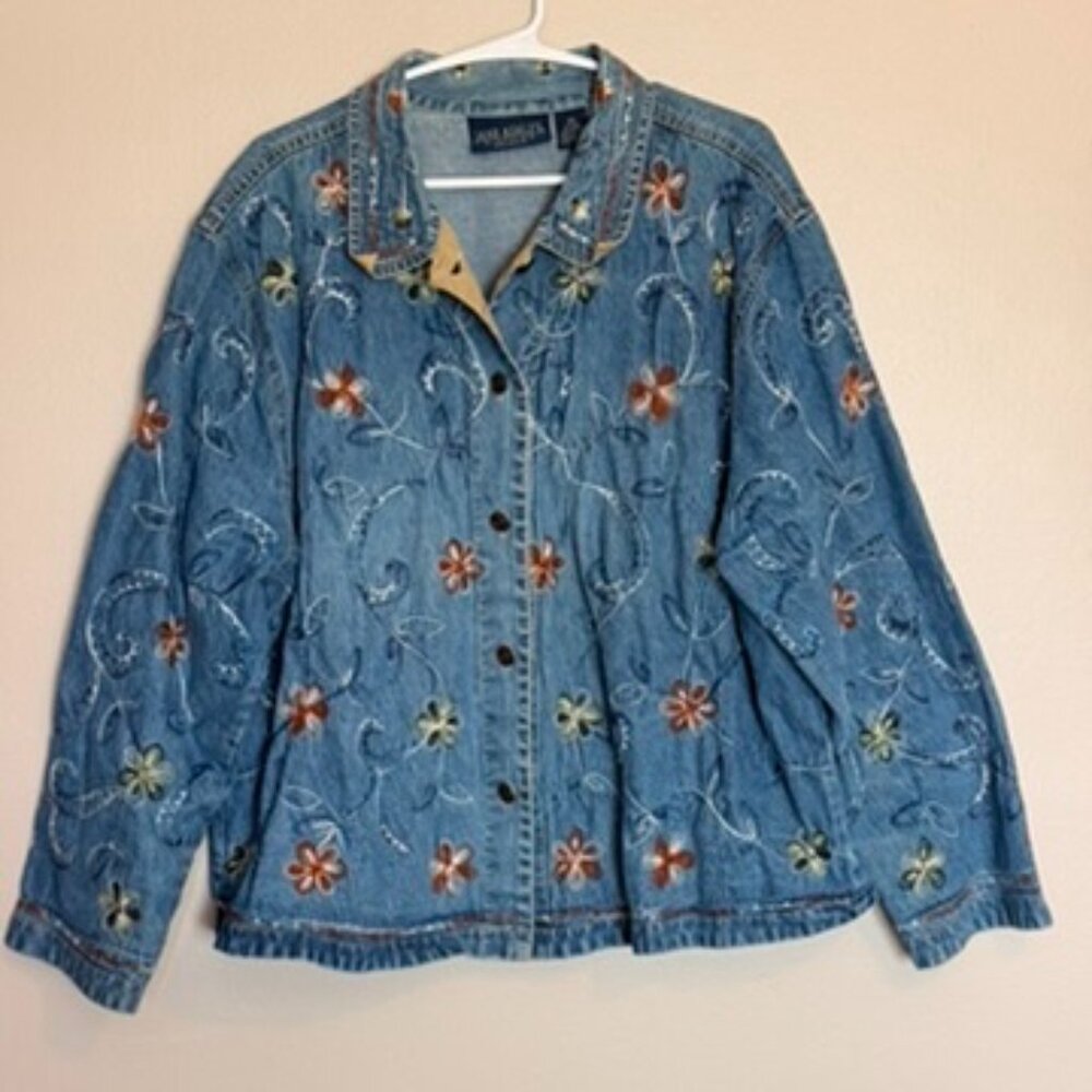 Vintage Jane Ashley Jacket Women's 2XL Blue Tan Floral Embroidered Denim Casual
